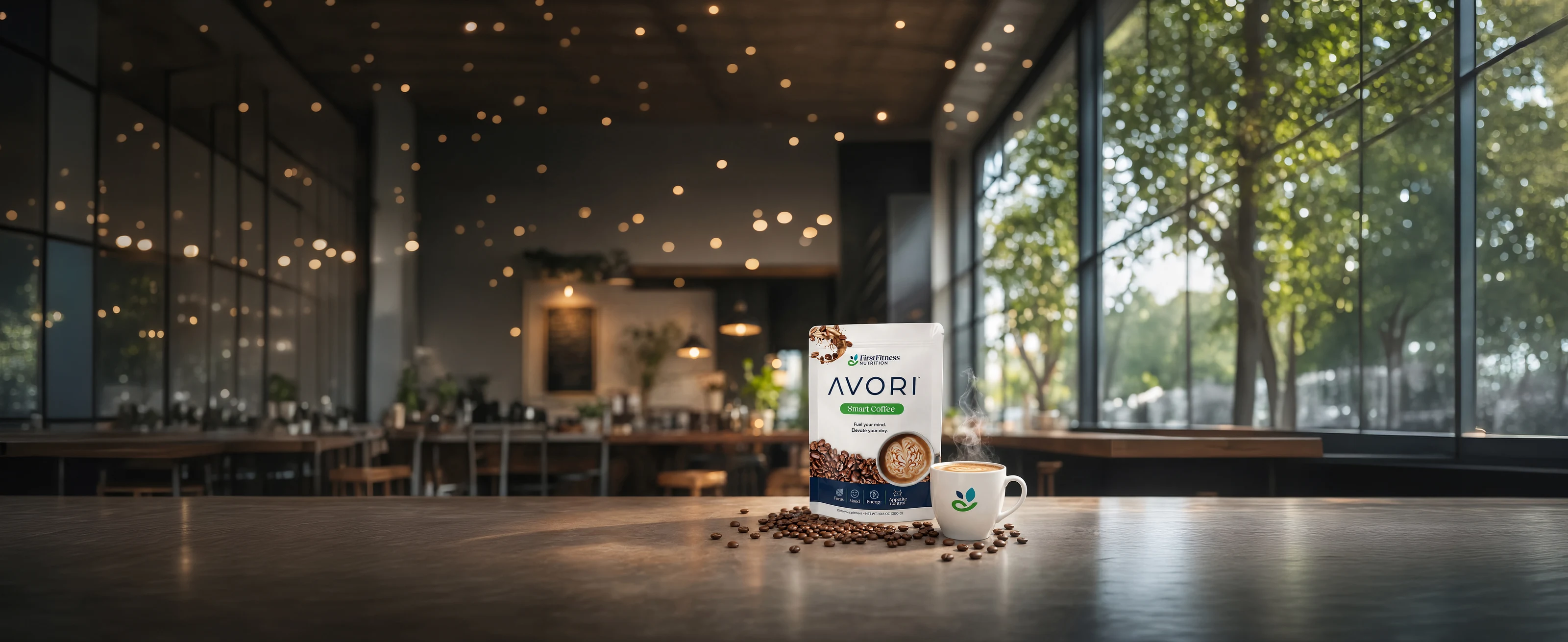 AVORI Smart Coffee with a fresh cup of coffee in a café